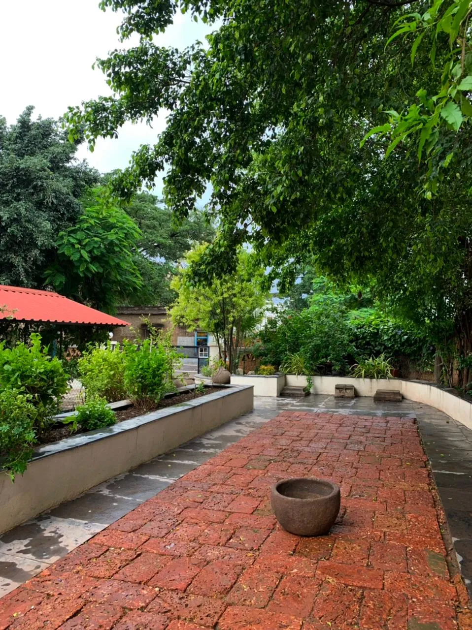 Terraced hillside garden with dry-stone retaining walls stepping down the slope