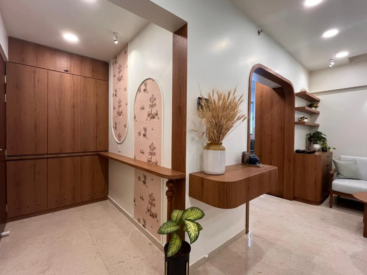 Detail of white oak joinery with recessed handles